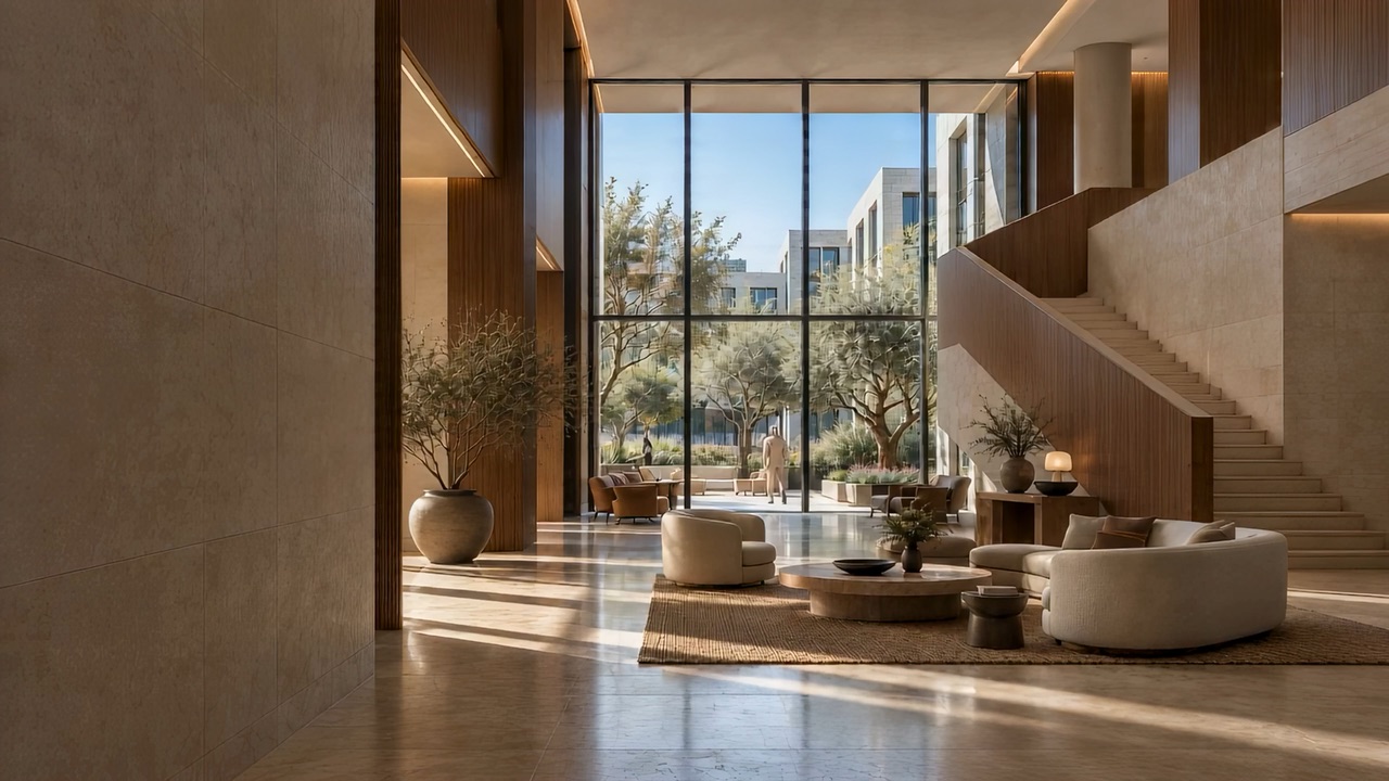 Sunlit contemporary lobby with stone finishes, a sculptural staircase and lounge seating